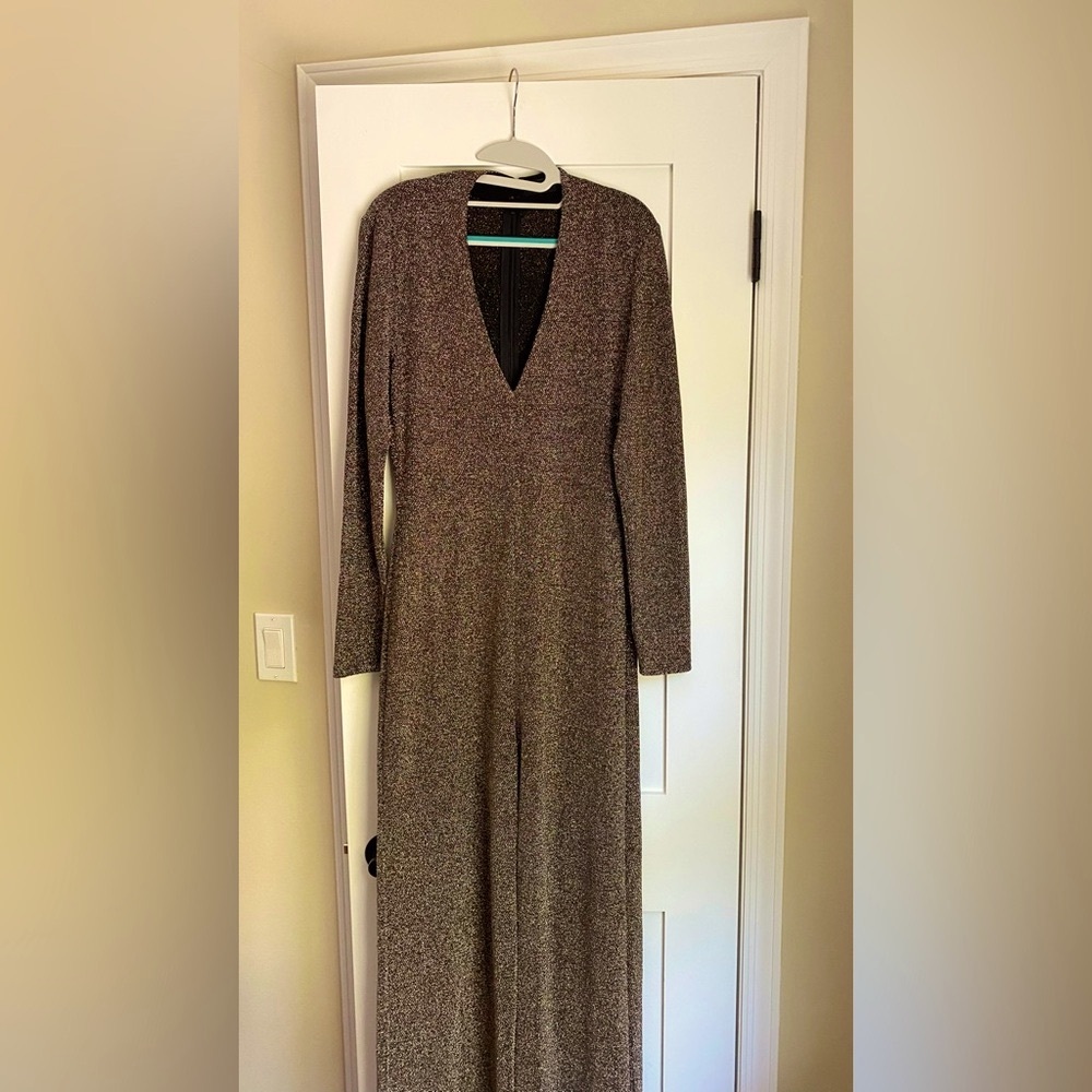Carbon38 Gold Knit Long-Sleeve Wide Leg Jumpsuit Disco Party Evening Size M